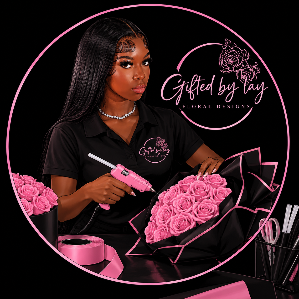 Gifted by Layy Floral Designs brand artwork — florist wrapping a pink rose bouquet